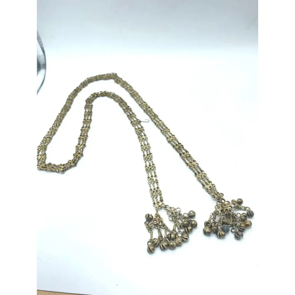 Vintage Brass Bell Tassel Chain Belt‎ Triple Strand Boho Tribal Ethnic Lariat